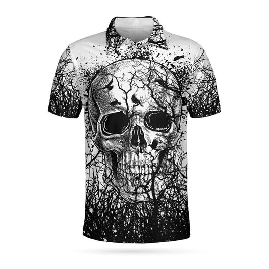 Simonandcool [Polo T-Shirt] Skull Crow Black And White Short Sleeve Polo Shirt, Dark Forrest Skull Crow Shirt For Men